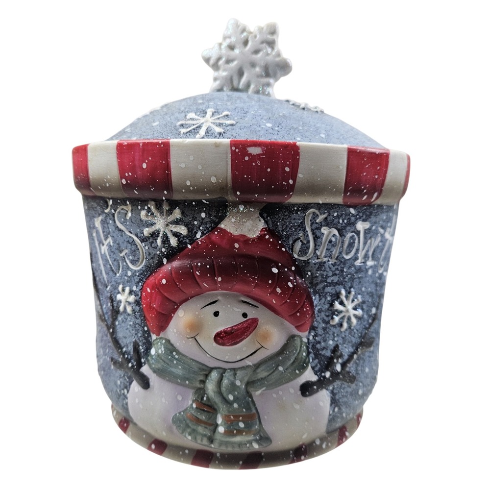 Blue Ceramic Snowman Holiday Canister Its Snow Time Snowflake Lid Cookie Jar